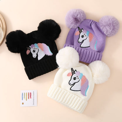 Toddler Baby Knit Hat Winter Pom, Unicorn Pattern Beanie Embroidered, Warm Cap for Boys Girls, Soft Cold Weather Kids