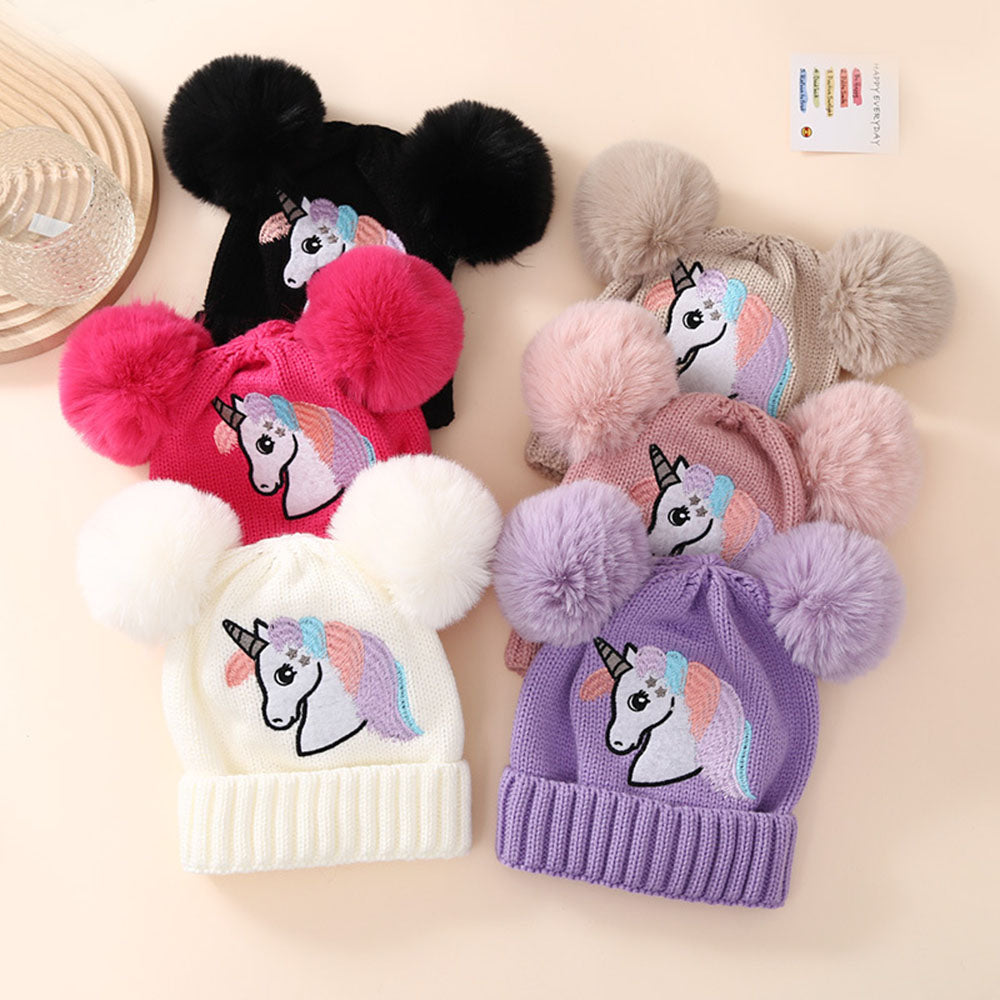 Toddler Baby Knit Hat Winter Pom Unicorn Pattern Beanie Embroidered Warm Cap For Boys Girls Soft Co