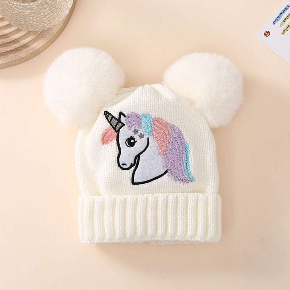 Toddler Baby Knit Hat Winter Pom Unicorn Pattern Beanie Embroidered Warm Cap For Boys Girls Soft Co