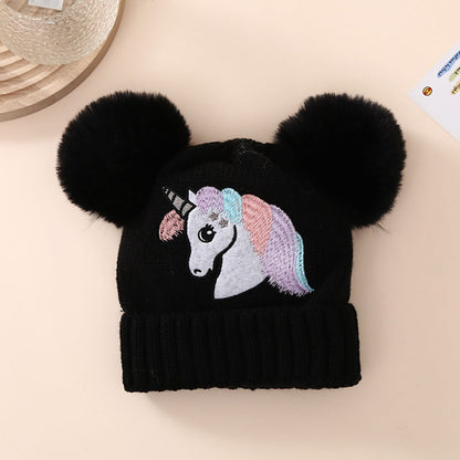 Toddler Baby Knit Hat Winter Pom Unicorn Pattern Beanie Embroidered Warm Cap For Boys Girls Soft Co