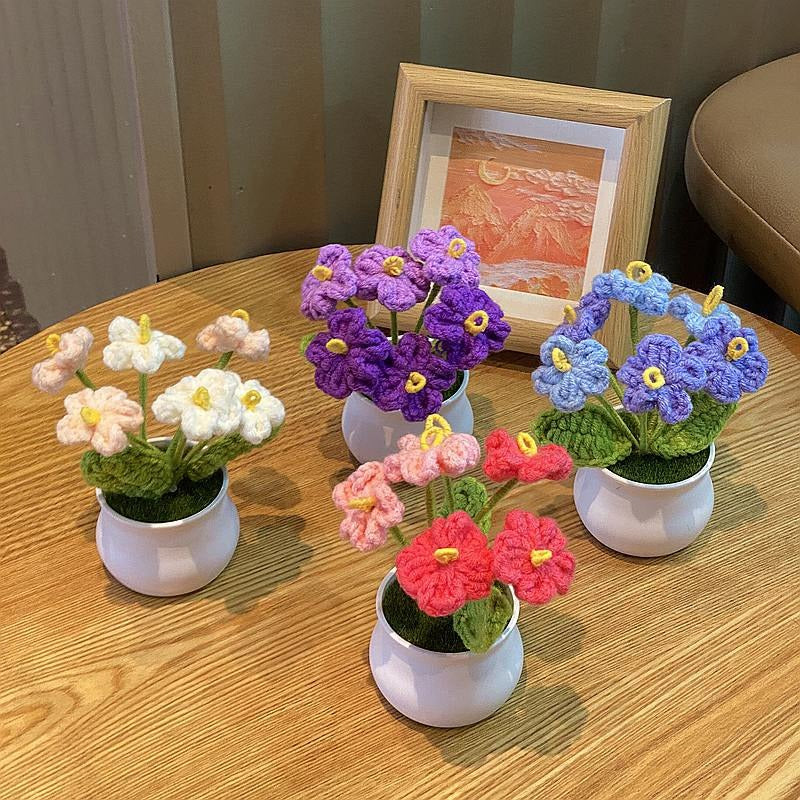 Handwoven Mini Potted Flower Rose Office Desktop Woolen Thread Ornamental Plant For Home Decor 4