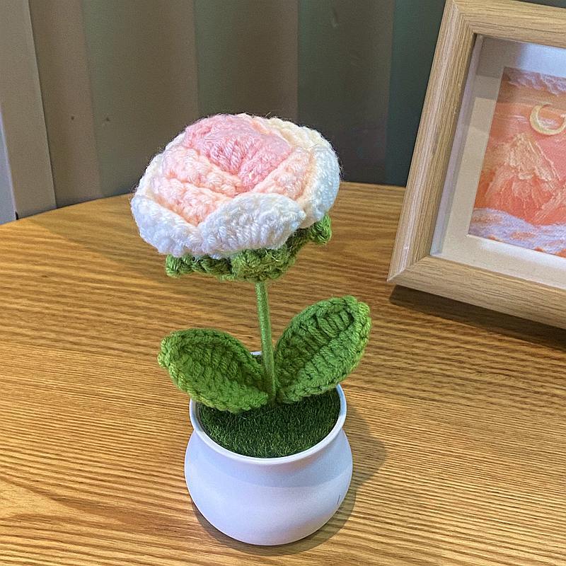 Handwoven Mini Potted Flower Rose Office Desktop Woolen Thread Ornamental Plant For Home Decor 6