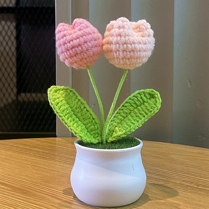 Handwoven Mini Potted Flower Rose Office Desktop Woolen Thread Ornamental Plant For Home Decor 8