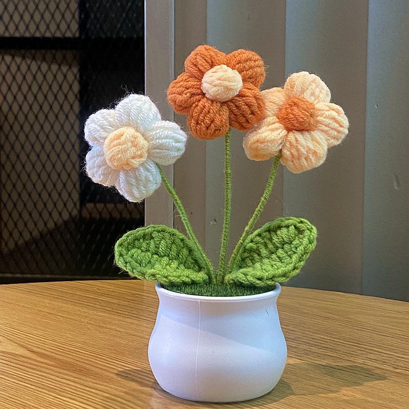 Handwoven Mini Potted Flower Rose Office Desktop Woolen Thread Ornamental Plant For Home Decor 17