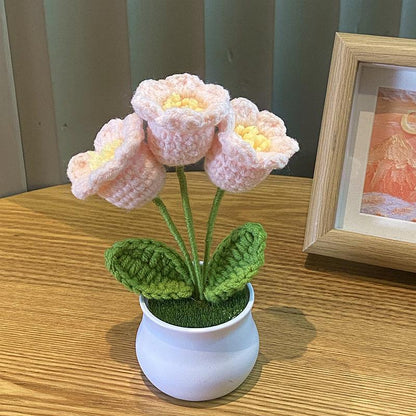 Handwoven Mini Potted Flower Rose Office Desktop Woolen Thread Ornamental Plant For Home Decor 19