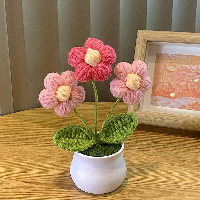 Handwoven Mini Potted Flower Rose Office Desktop Woolen Thread Ornamental Plant For Home Decor 24