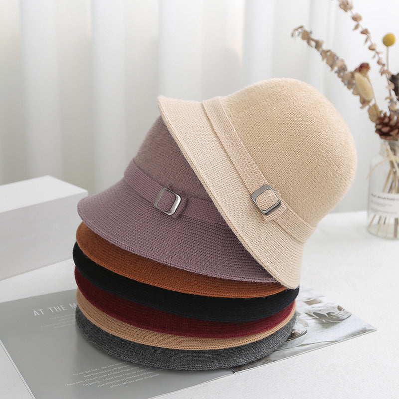 Autumn Winter Solid Color Knitted Bucket Hat Women Faux Mink Cashmere Blend Artistic Versatile Sun Cap