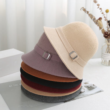 Autumn Winter Solid Color Knitted Bucket Hat Women Faux Mink Cashmere Blend Artistic Versatile Sun Cap