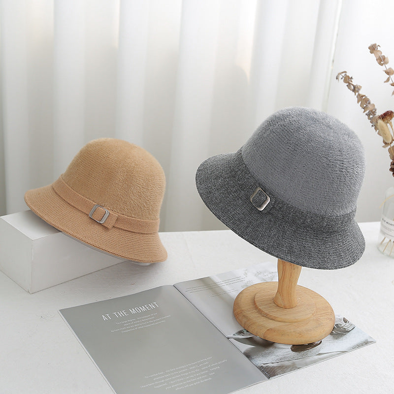 Autumn Winter Solid Color Knitted Bucket Hat Women Faux Mink Cashmere Blend Artistic Versatile Sun  1