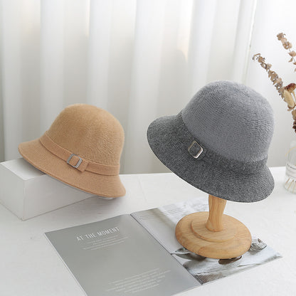 Autumn Winter Solid Color Knitted Bucket Hat Women Faux Mink Cashmere Blend Artistic Versatile Sun  1