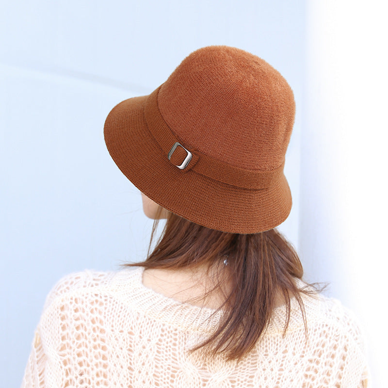 Autumn Winter Solid Color Knitted Bucket Hat Women Faux Mink Cashmere Blend Artistic Versatile Sun  2