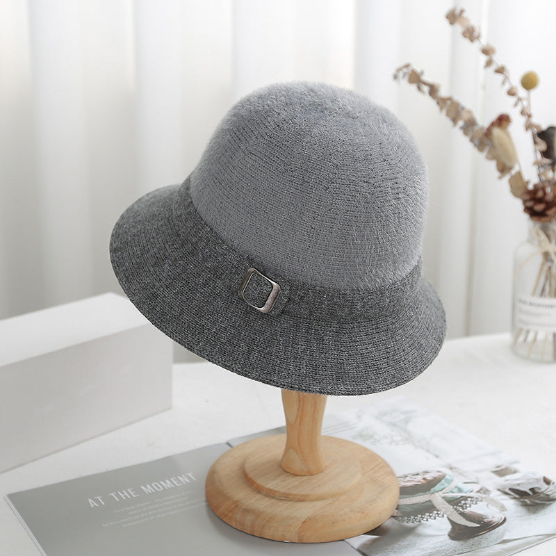 Autumn Winter Solid Color Knitted Bucket Hat Women Faux Mink Cashmere Blend Artistic Versatile Sun  4