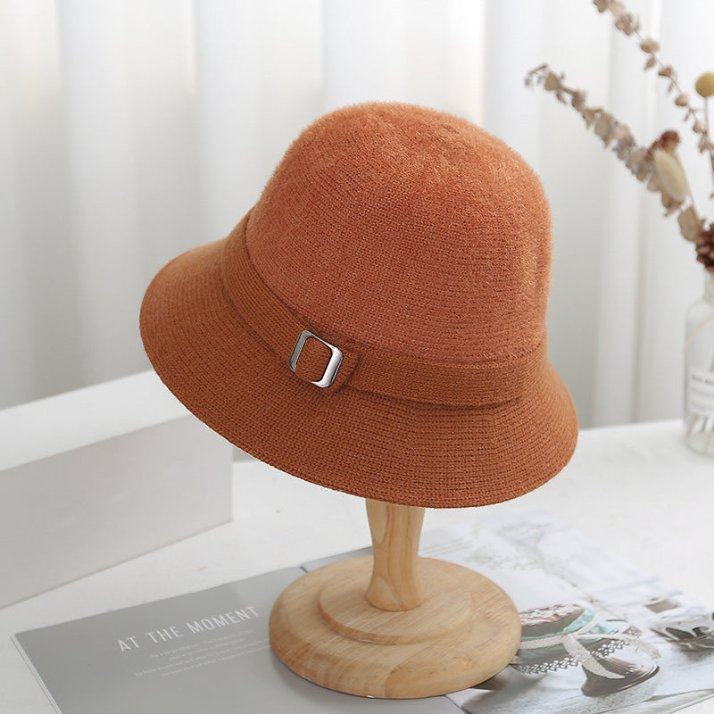 Autumn Winter Solid Color Knitted Bucket Hat Women Faux Mink Cashmere Blend Artistic Versatile Sun  5