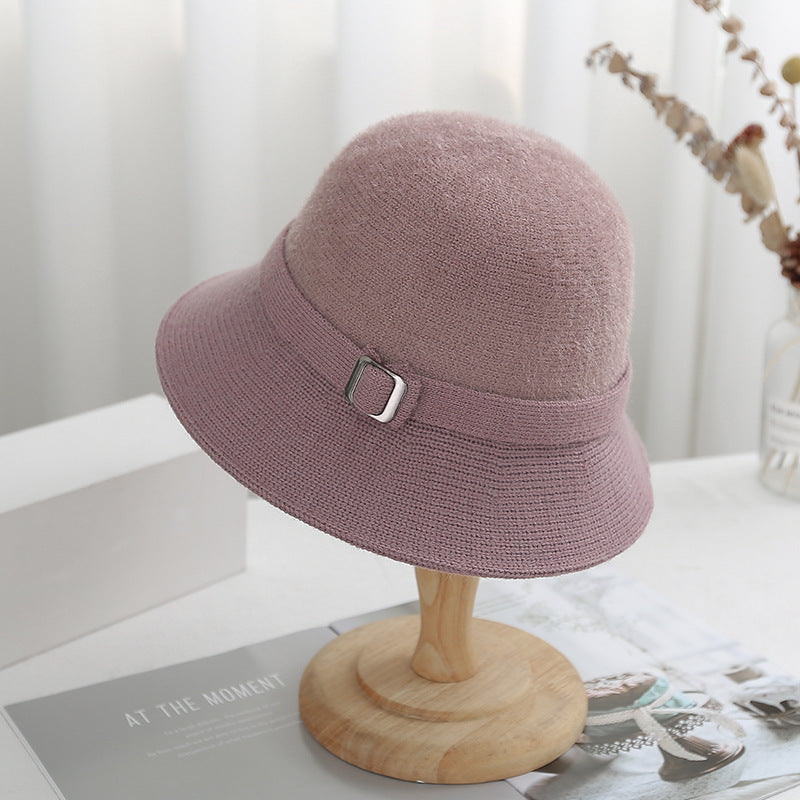 Autumn Winter Solid Color Knitted Bucket Hat Women Faux Mink Cashmere Blend Artistic Versatile Sun  6