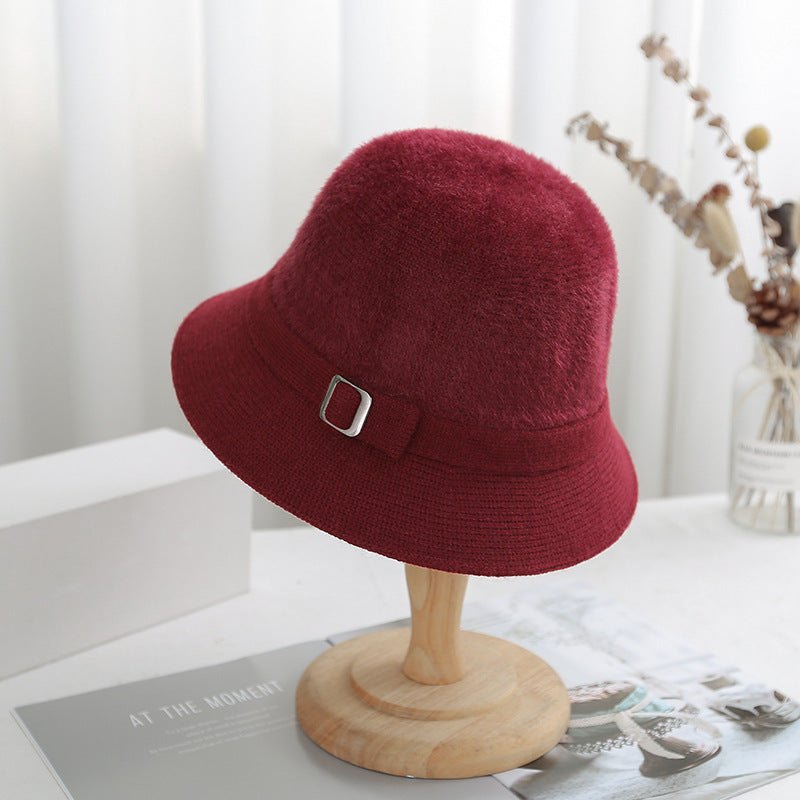 Autumn Winter Solid Color Knitted Bucket Hat Women Faux Mink Cashmere Blend Artistic Versatile Sun  7