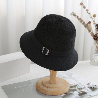 Autumn Winter Solid Color Knitted Bucket Hat Women Faux Mink Cashmere Blend Artistic Versatile Sun  8