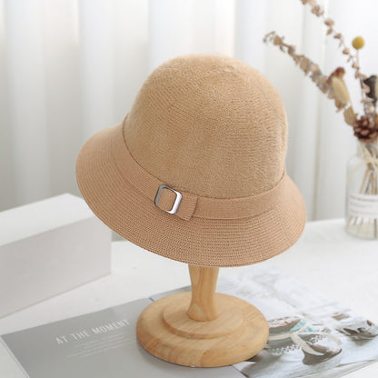 Autumn Winter Solid Color Knitted Bucket Hat Women Faux Mink Cashmere Blend Artistic Versatile Sun  9