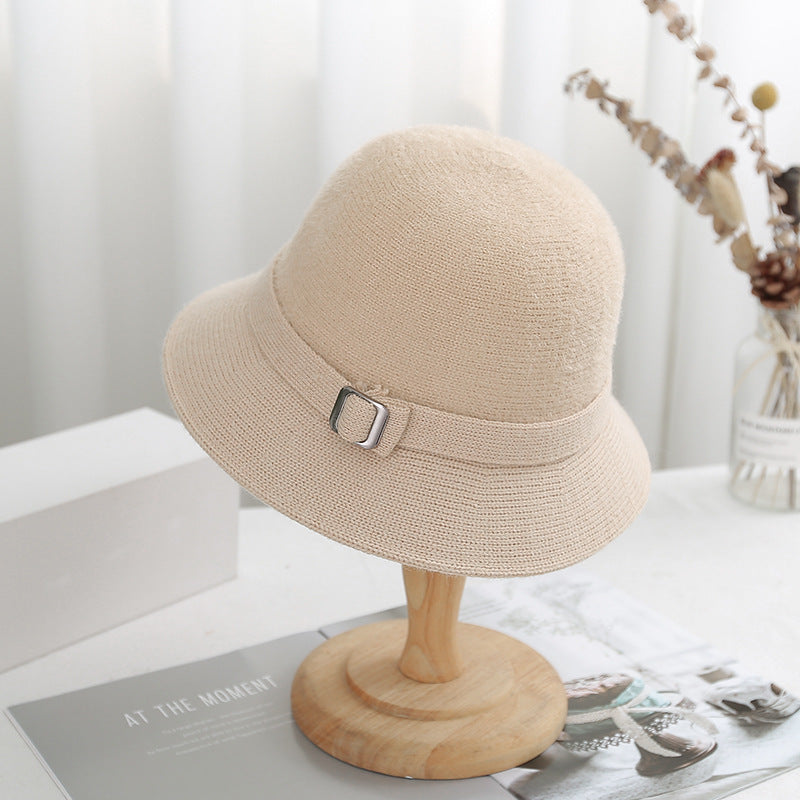 Autumn Winter Solid Color Knitted Bucket Hat Women Faux Mink Cashmere Blend Artistic Versatile Sun  10