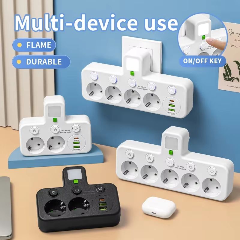 EU Power Strip with 5 Sockets and USB-C Ports – Compact EU power strip Multi Plug Outlet