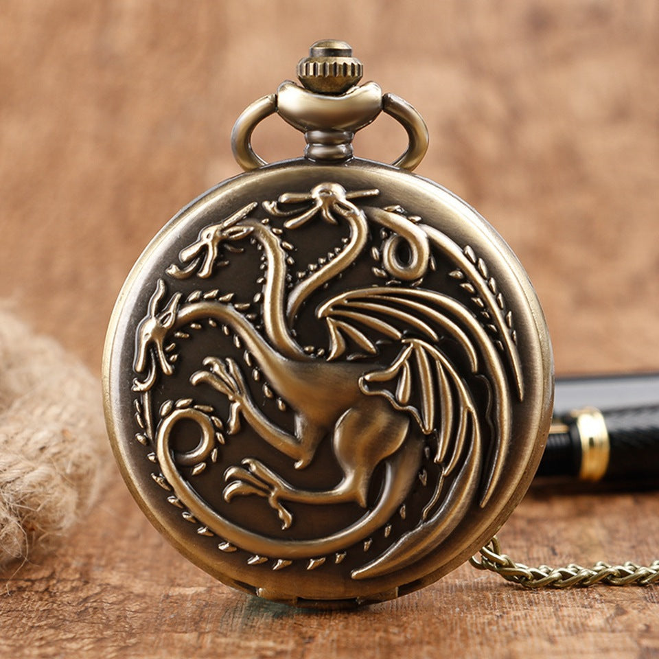 Three headed Dragon Quartz Pocket Watch, Vintage Bronze Fire Monster Necklace, Antique Watch