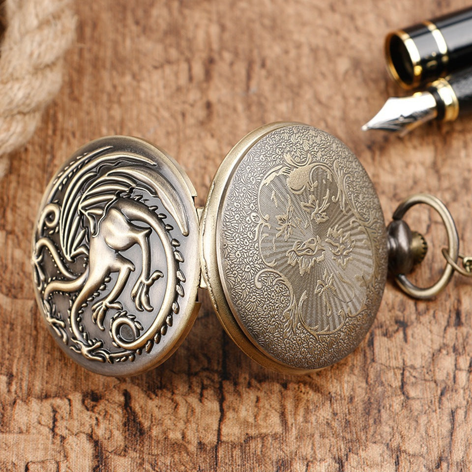 Three Headed Dragon Quartz Pocket Watch Vintage Bronze Fire Monster Necklace Antique Watch 3