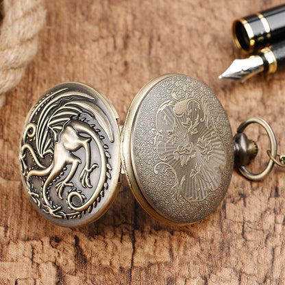 Three Headed Dragon Quartz Pocket Watch Vintage Bronze Fire Monster Necklace Antique Watch 3