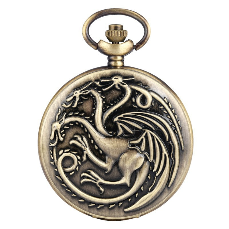 Three Headed Dragon Quartz Pocket Watch Vintage Bronze Fire Monster Necklace Antique Watch 5