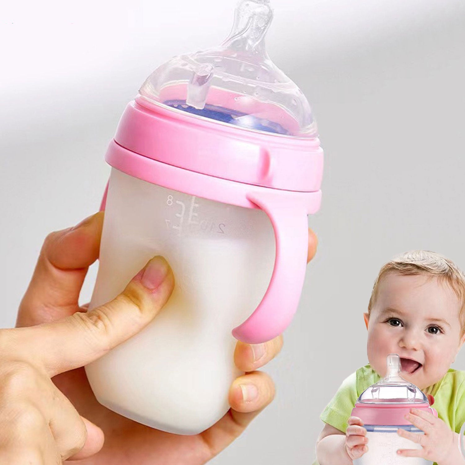 Baby Nano-Silicone Bottle, with Handle, Soft Milk Pulling, Breastmilk-like Design