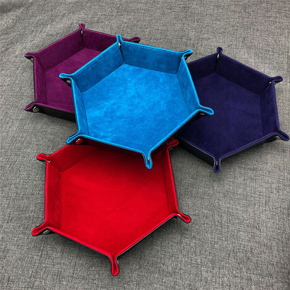 Hexagon Dice Game Storage Tray, Rolling Folding PU Leather Velvet Dice Mat