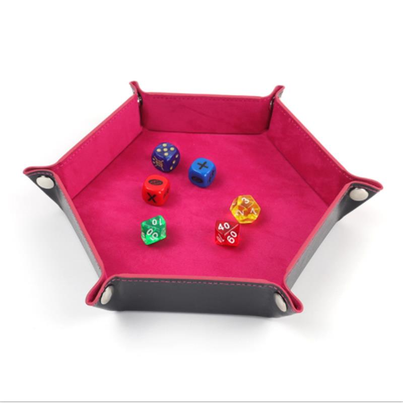 Hexagon Dice Game Storage Tray, Rolling Folding PU Leather Velvet Dice Mat