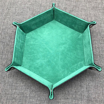Hexagon Dice Game Storage Tray, Rolling Folding PU Leather Velvet Dice Mat
