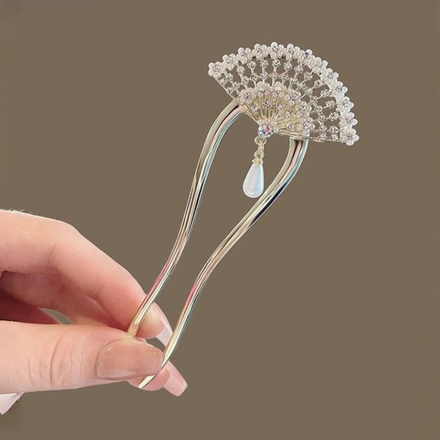 U Shaped Pearl Fan Hairpin