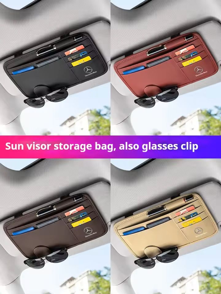 PU Leather Sun Visor Organizer with Glasses Clip & Card Storage – Fits Mercedes-Benz AMG/A/C/E/GLK/GLC/Vito