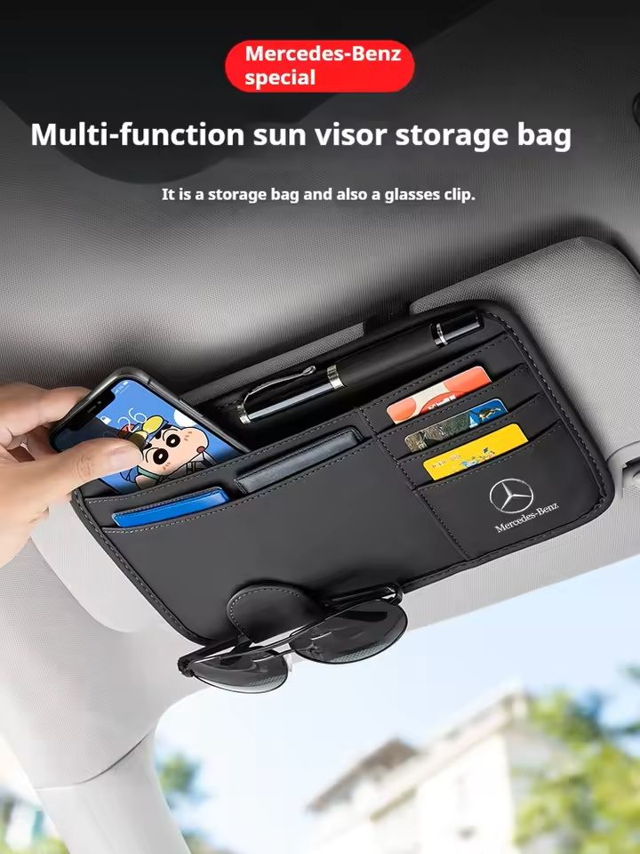 PU Leather Sun Visor Organizer With Glasses Clip  Card Storage  Fits MercedesBenz AMGACEGLKGLCVito 8