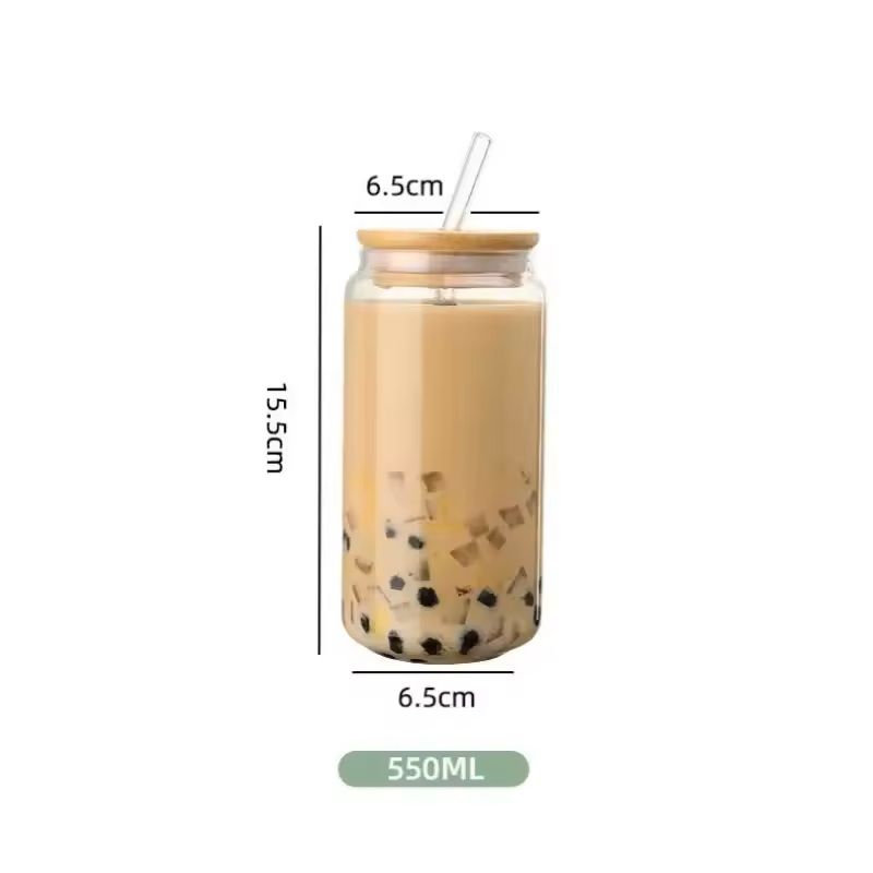 550 Ml Glass Travel Cup With Wooden Lid  Straw  Transparent Bubble Tea  Cocktail Mug 1