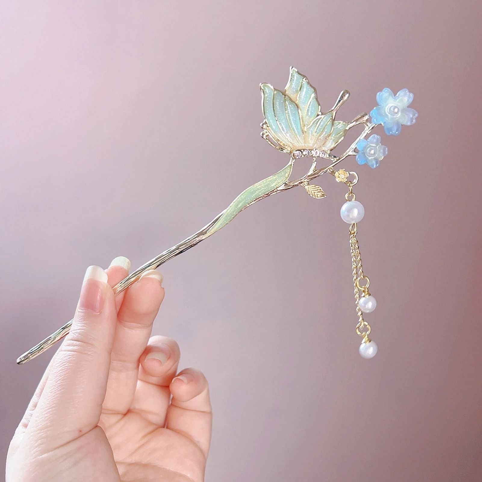 Pink Flower Butterfly Pearl Hair Stick For Women 1