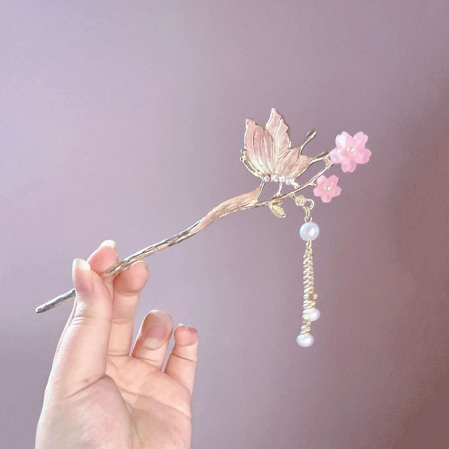 Pink Flower Butterfly Pearl Hair Stick For Women 2