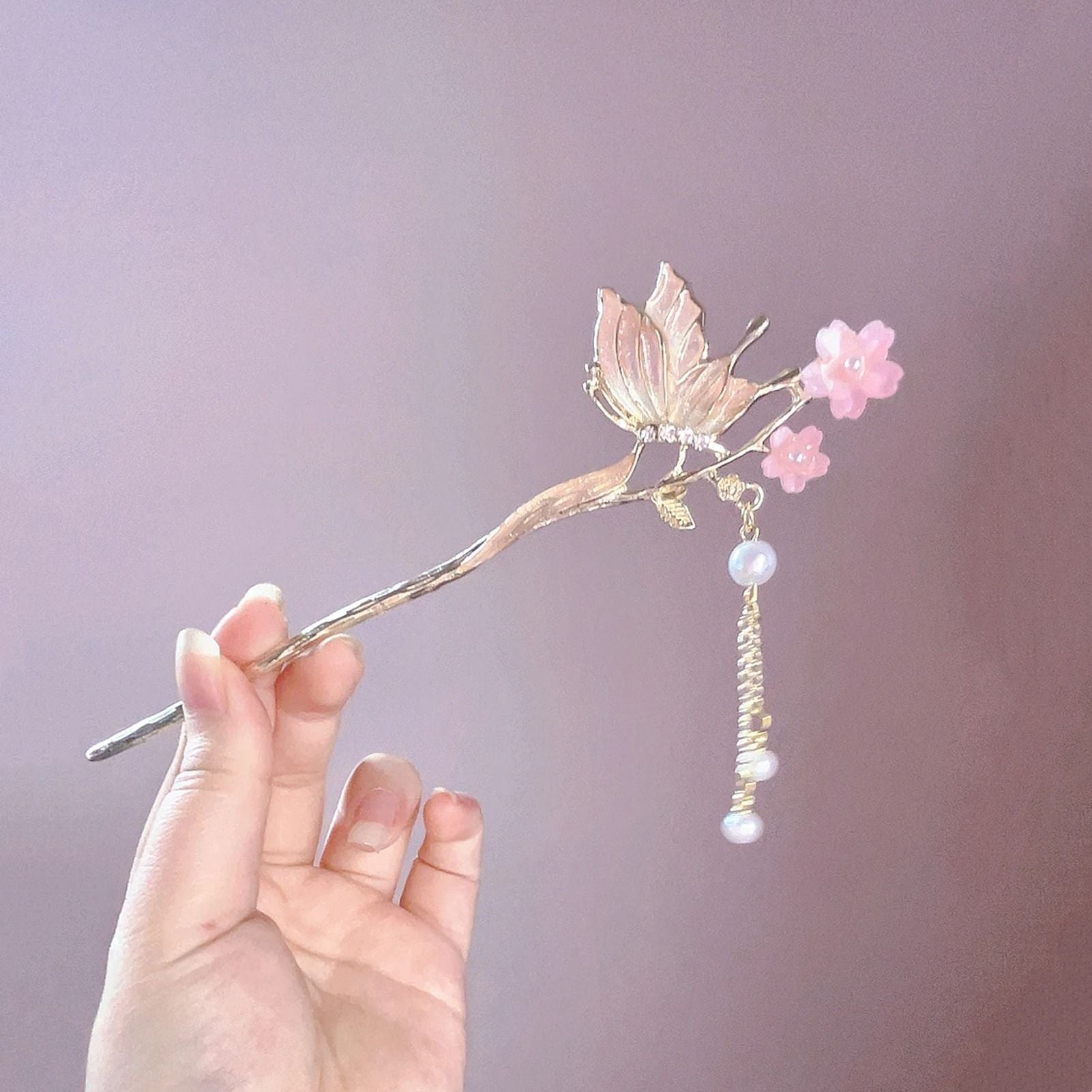 Pink Flower Butterfly Pearl Hair Stick For Women 8