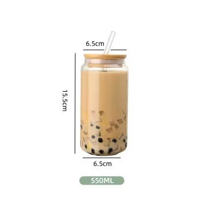 550 ml Glass Travel Cup with Wooden Lid & Straw – Transparent Bubble Tea & Cocktail Mug