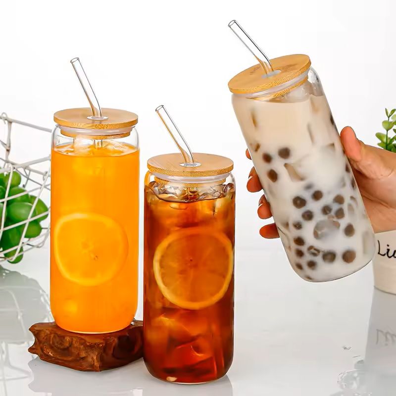 550 Ml Glass Travel Cup With Wooden Lid  Straw  Transparent Bubble Tea  Cocktail Mug 3