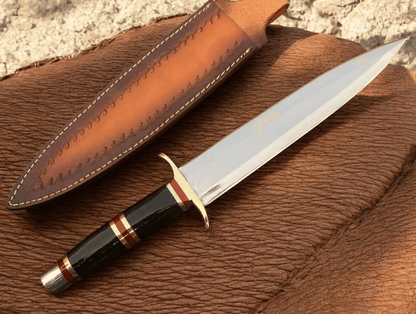 Hunting D2 Steel Bowie Knife | Horn Handle & Brass Guard | Full Tang Knife with Leather Sheath