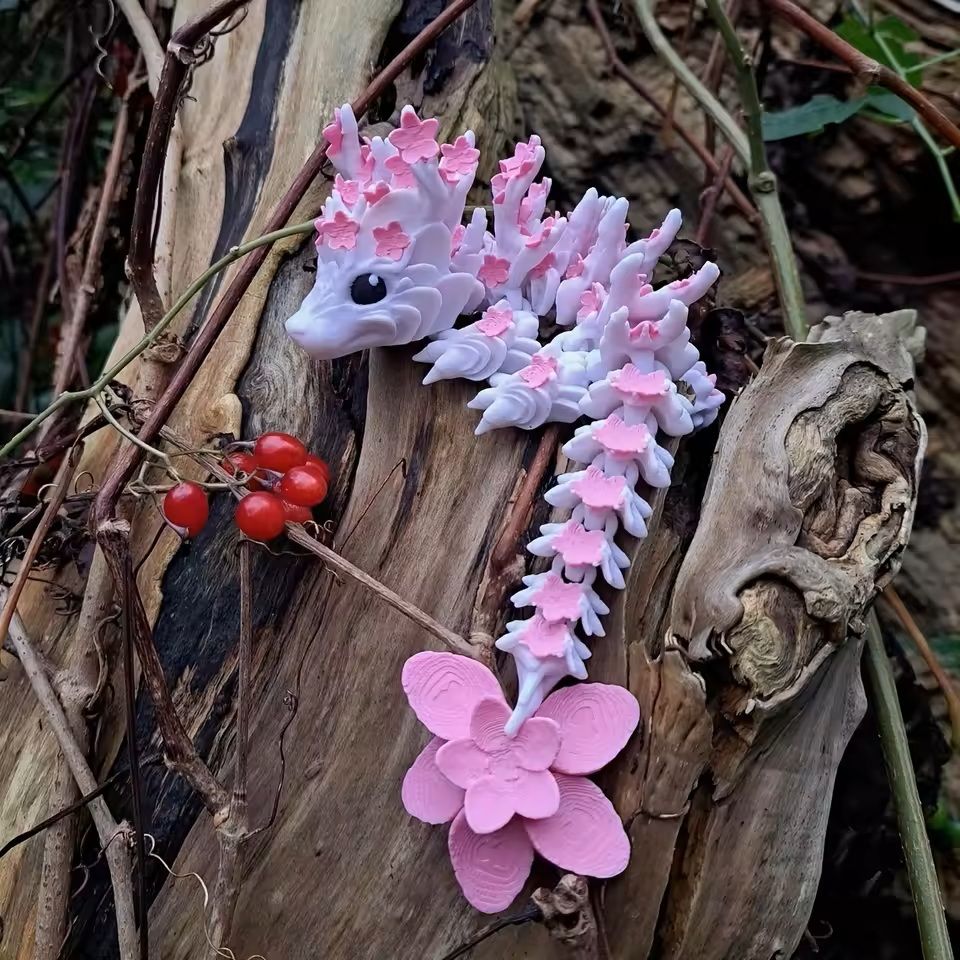 3D Printed Cherry Blossom Dragon Statue  Colorful Floral Design Home Ornament 3