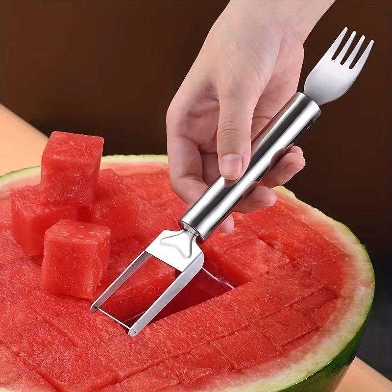 2 in 1 Stainless Steel Watermelon Cube Cutter Fork – Dual Head Fruit Slicer Tool