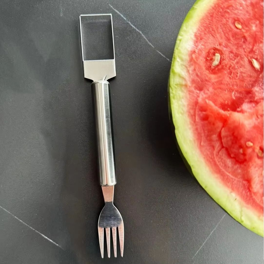 2 In 1 Stainless Steel Watermelon Cube Cutter Fork  Dual Head Fruit Slicer Tool 1