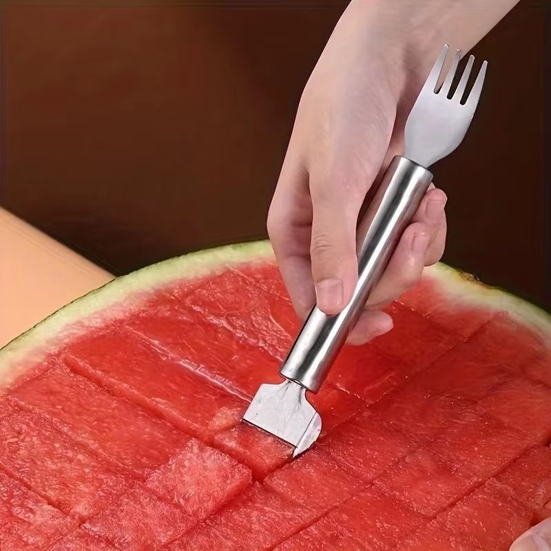 2 In 1 Stainless Steel Watermelon Cube Cutter Fork  Dual Head Fruit Slicer Tool 2