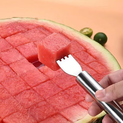 2 In 1 Stainless Steel Watermelon Cube Cutter Fork  Dual Head Fruit Slicer Tool 3