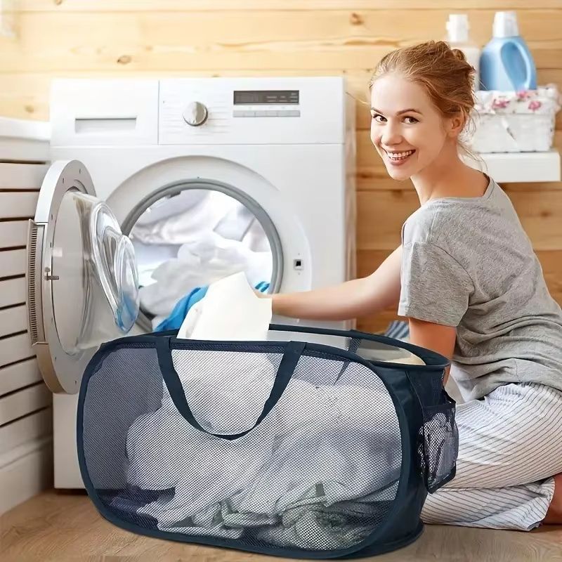 Breathable Mesh Folding Laundry Basket Light Portable Dirty Clothes Storage Organizer With Handles 2