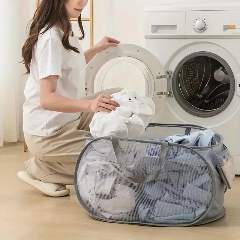 Breathable Mesh Folding Laundry Basket Light Portable Dirty Clothes Storage Organizer With Handles 3