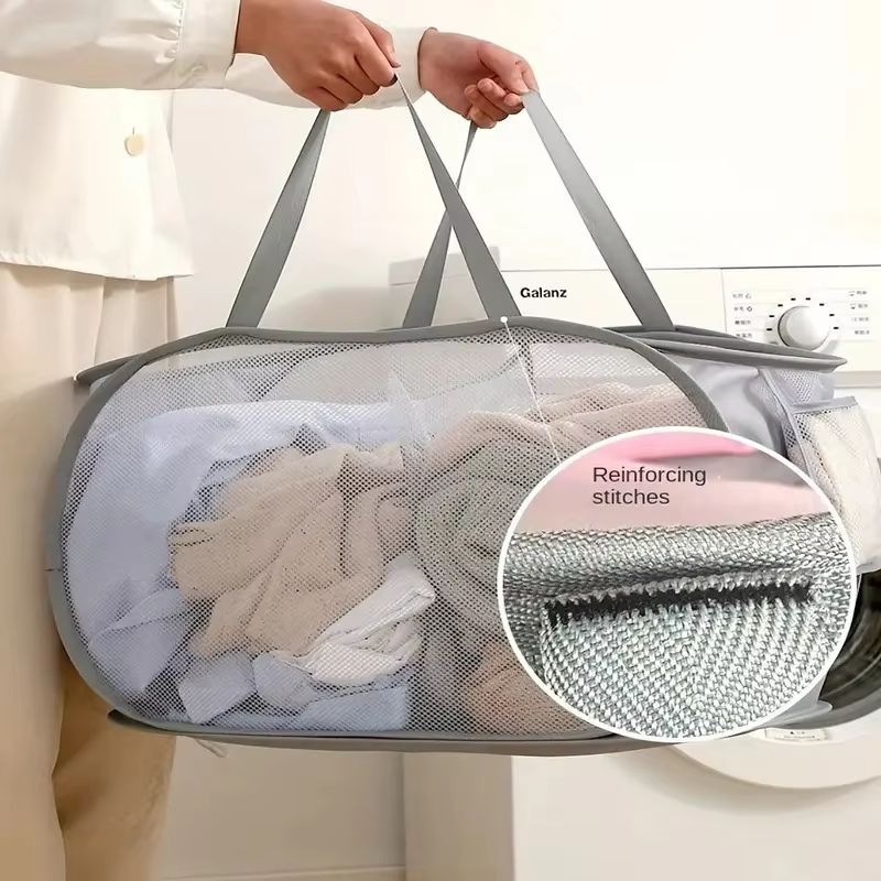 Breathable Mesh Folding Laundry Basket Light Portable Dirty Clothes Storage Organizer With Handles 5