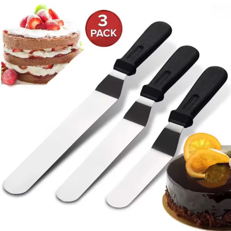 Stainless Steel Cake Decorating Angled Spatula Set 3 Piece (6 in, 8 in, 10 in) Multi Function Frosting Smoother